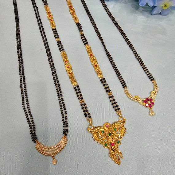 Diamond Mangal sutra,ruby pendant,black bead jewelry indian mangalsutr –  Nihira
