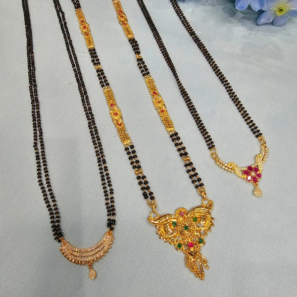 2 strands Black Beads necklace, Indian Mangalsutra, CZ Pendant Mangalsutra, Wedding Jewelry.