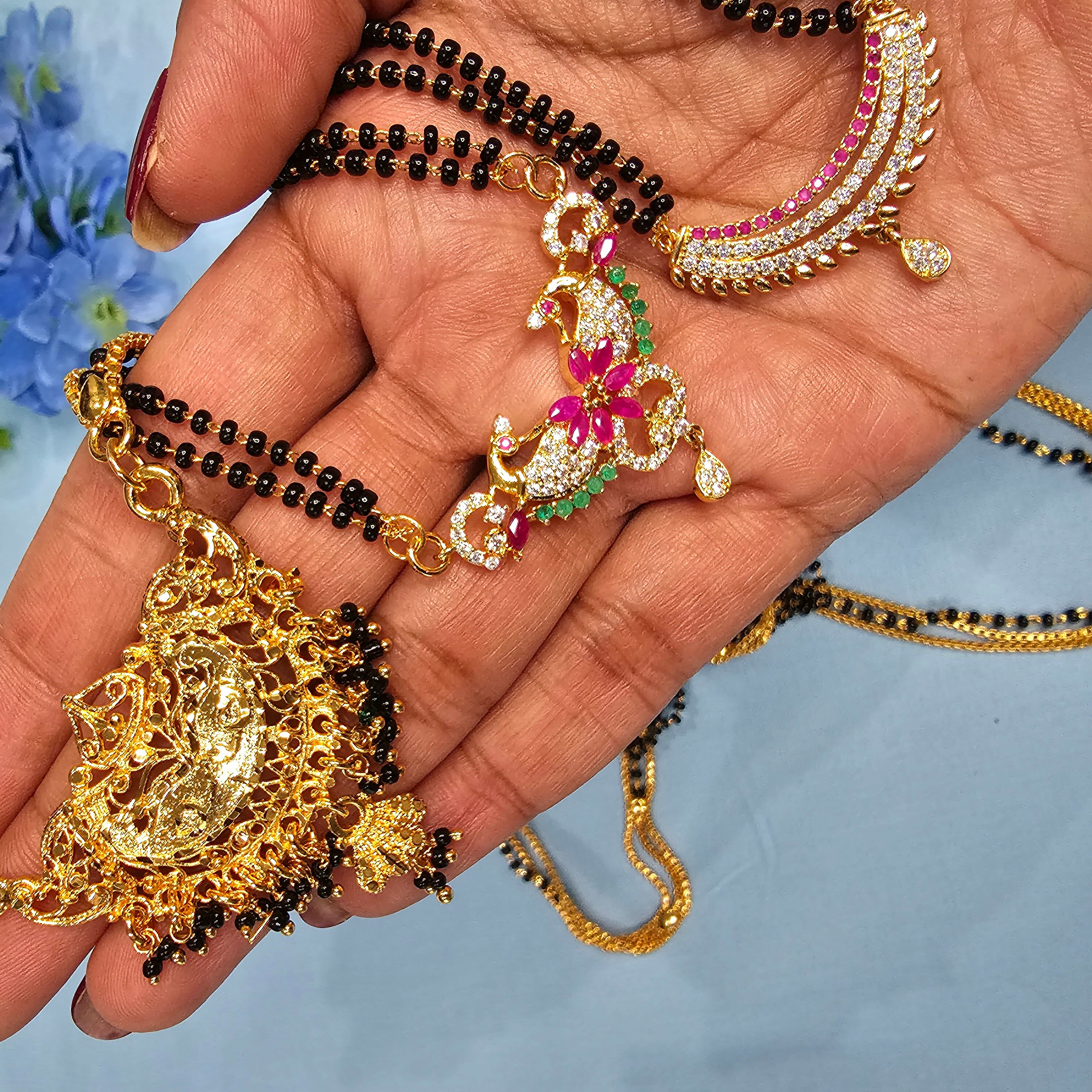 Black Beads Necklace Long Black Beads Two Strands Gold Filled Mangalsutra with Pink CZ Stones