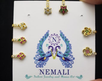 or set Nose Ring, Indian Nath, Nose Stud, Clip On,Pressing Nose Ring,  Pink stone, Indian Jewelry, Ruby ,Wedding Jewelry,Pressing pattern