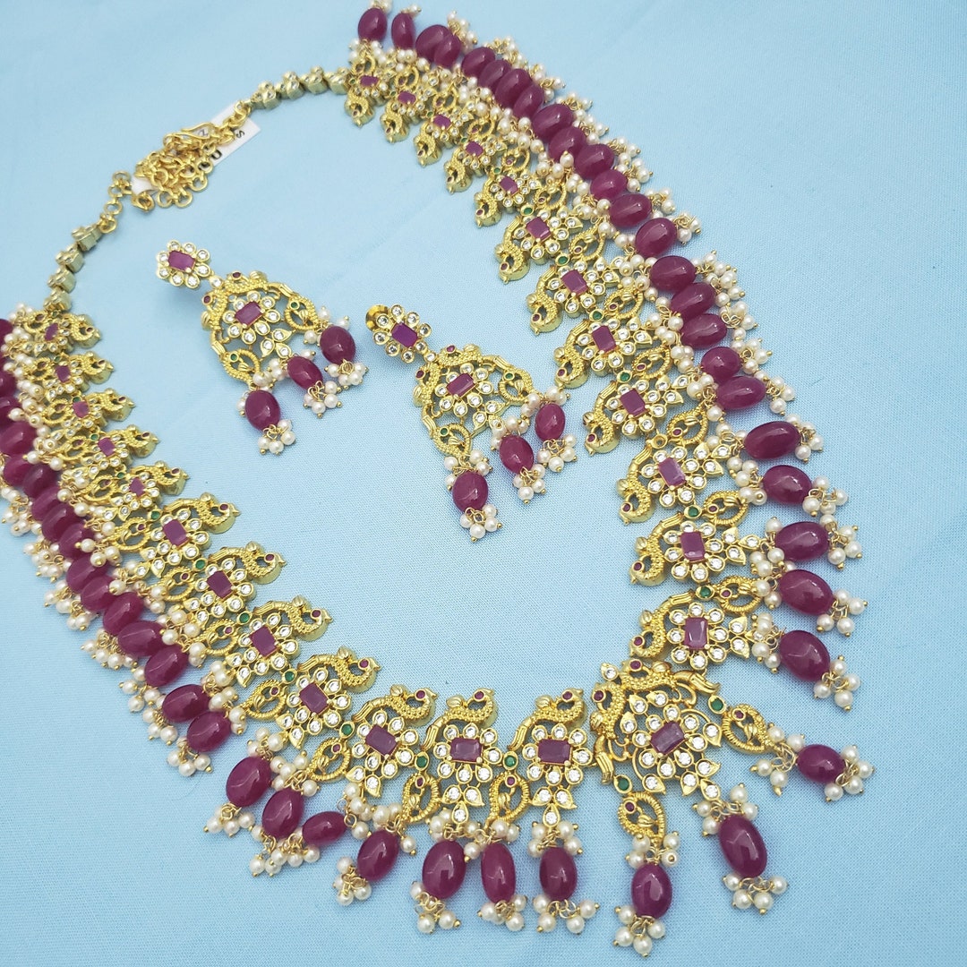 Long Pattern Peacock Design Ruby Beads Necklace Bridal - Etsy