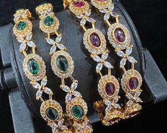 2.10 size Designer Emerald and AD Bangles, Emerald Bangles Set, Gold covering Bangles, wedding bangles, Bollywood, Bridal Bangles, Kadas