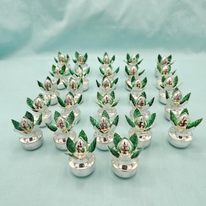 Silver Kalasham, Small size kalash for return gifts, Enamel painted silver kalas for pooja, Pooja room Decor. Silver return gifts in USA