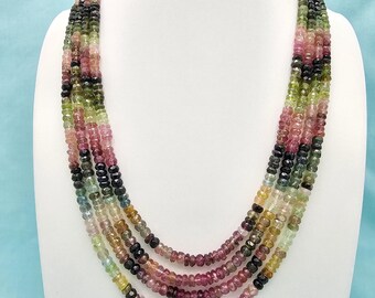 4 Strands Natural Multi Tourmaline Rondelle Faceted Beads, Watermelon October birthstone Tourmaline necklace