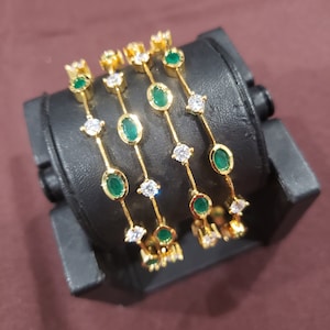CZ and Emerald Bangles Set, Gold covering wedding bangles, Semi precious Emerald Bridal Bangles, One Gram Gold,