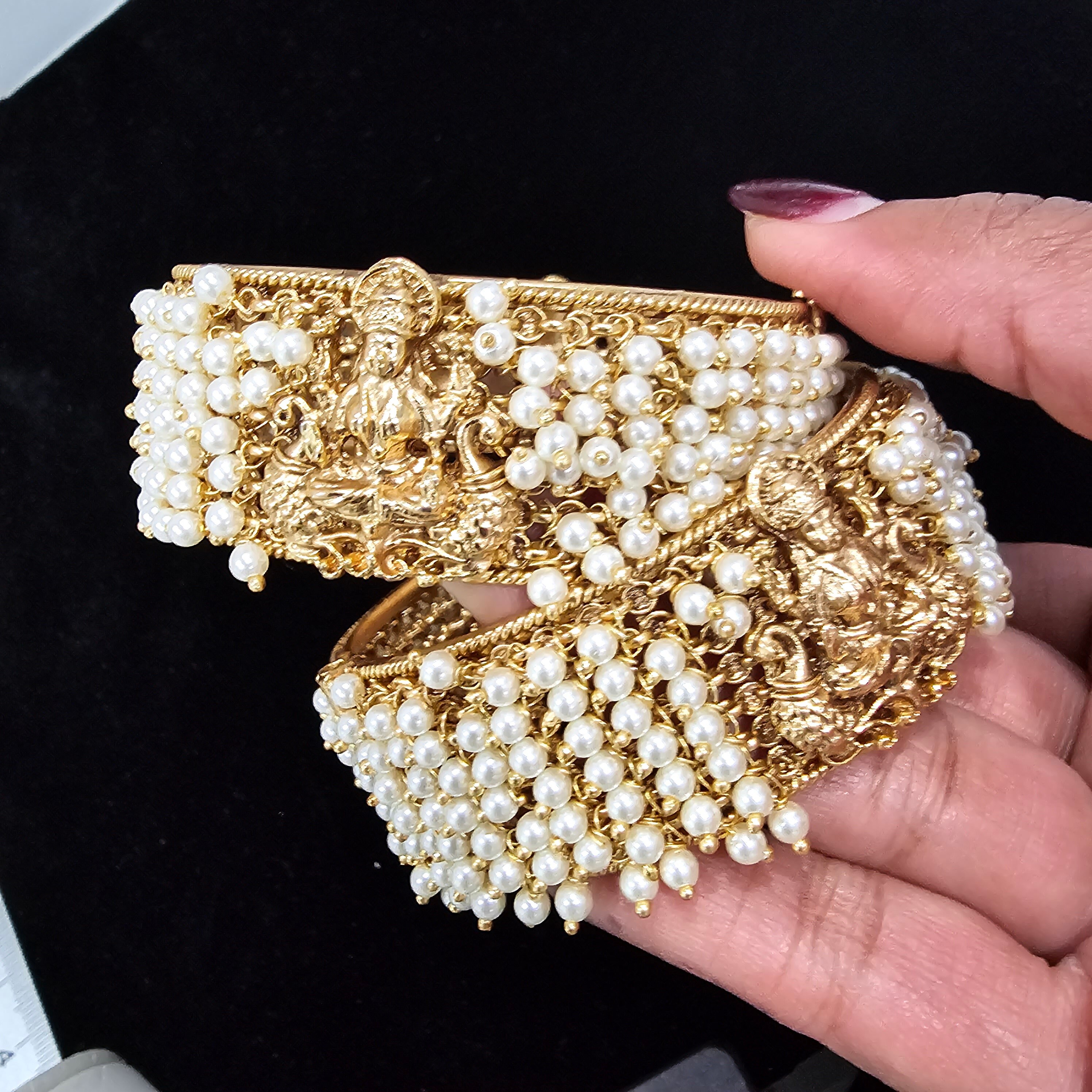 Pearl Bangles With Lakshmi Devi, Adjustable Bracelet, With
