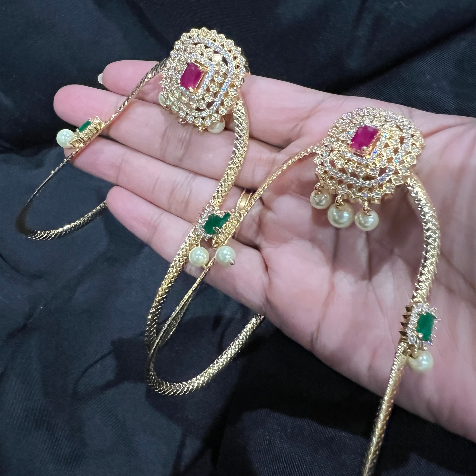 Adult Armlet, Pink and Green Vanki Type Armlet With American Diamonds ...