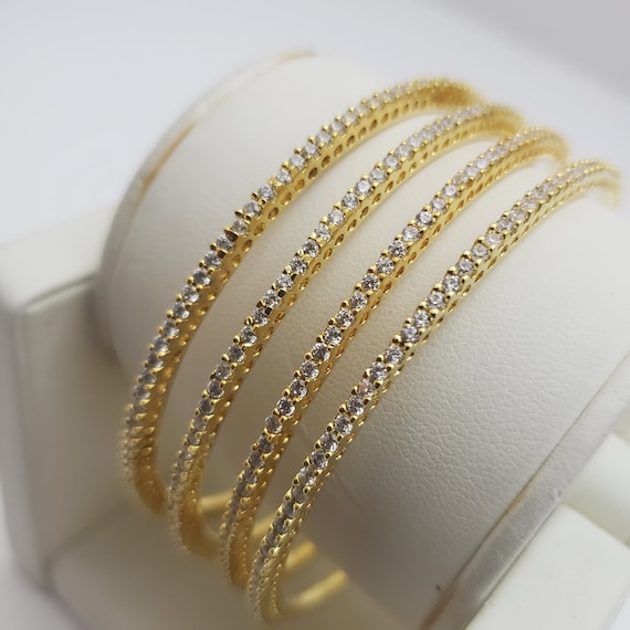 Bangles Set, 4 Bangle Set, 22k Gold Plated, White CZ Bangles