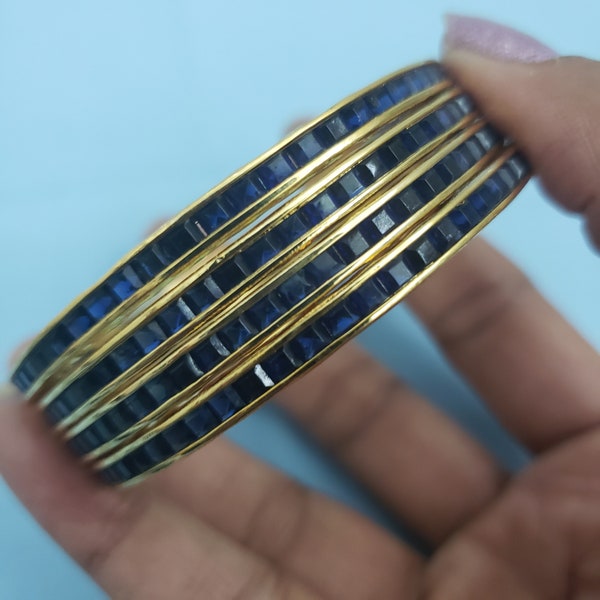 2.4 size Sapphire Bangles Set, 4 Bangle set, 22k Gold Plated, semi precious sapphire Bangles Set, Bracelet Set, Kadas, Mix n Match bangles