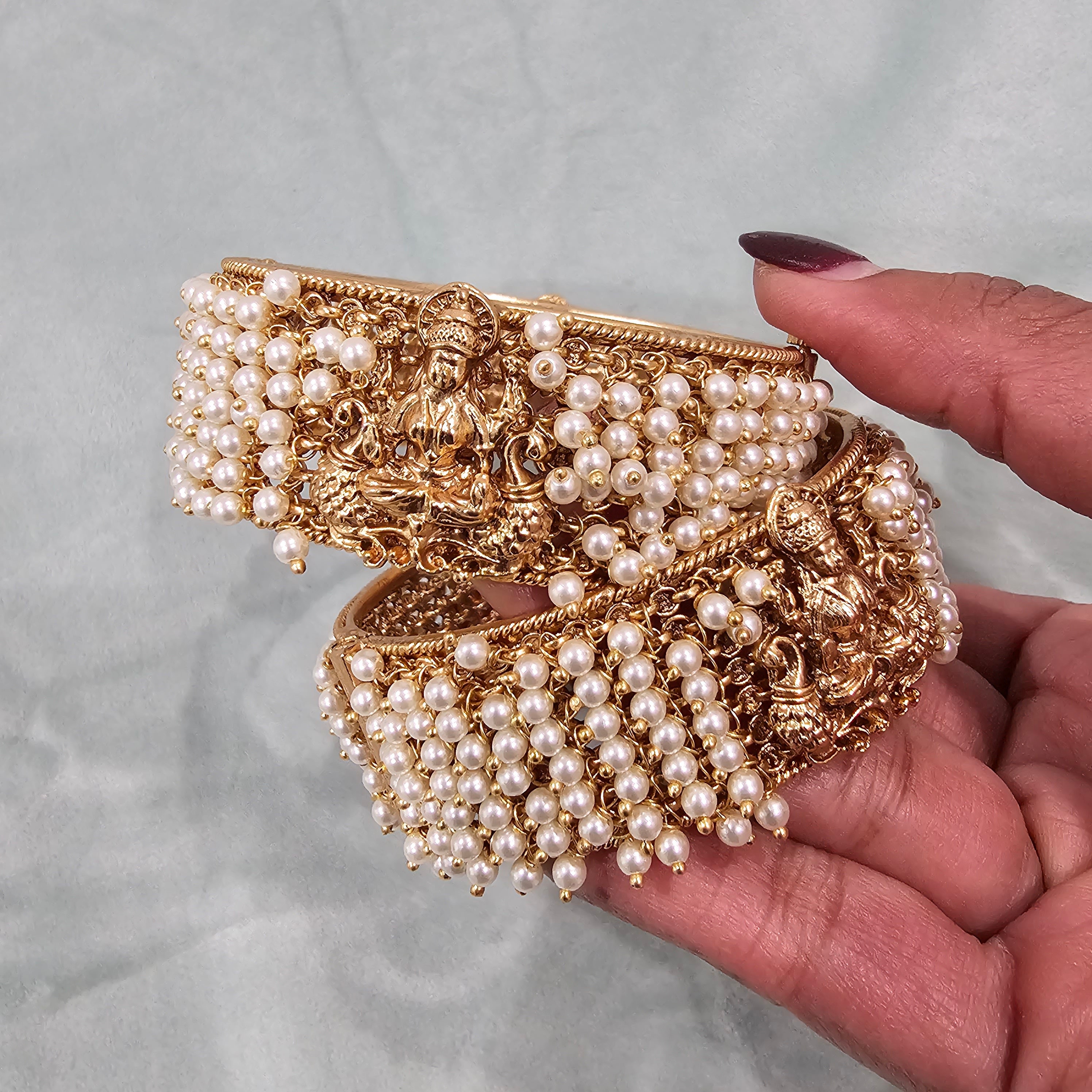Pearl Bangles With Lakshmi Devi, Adjustable Bracelet, With