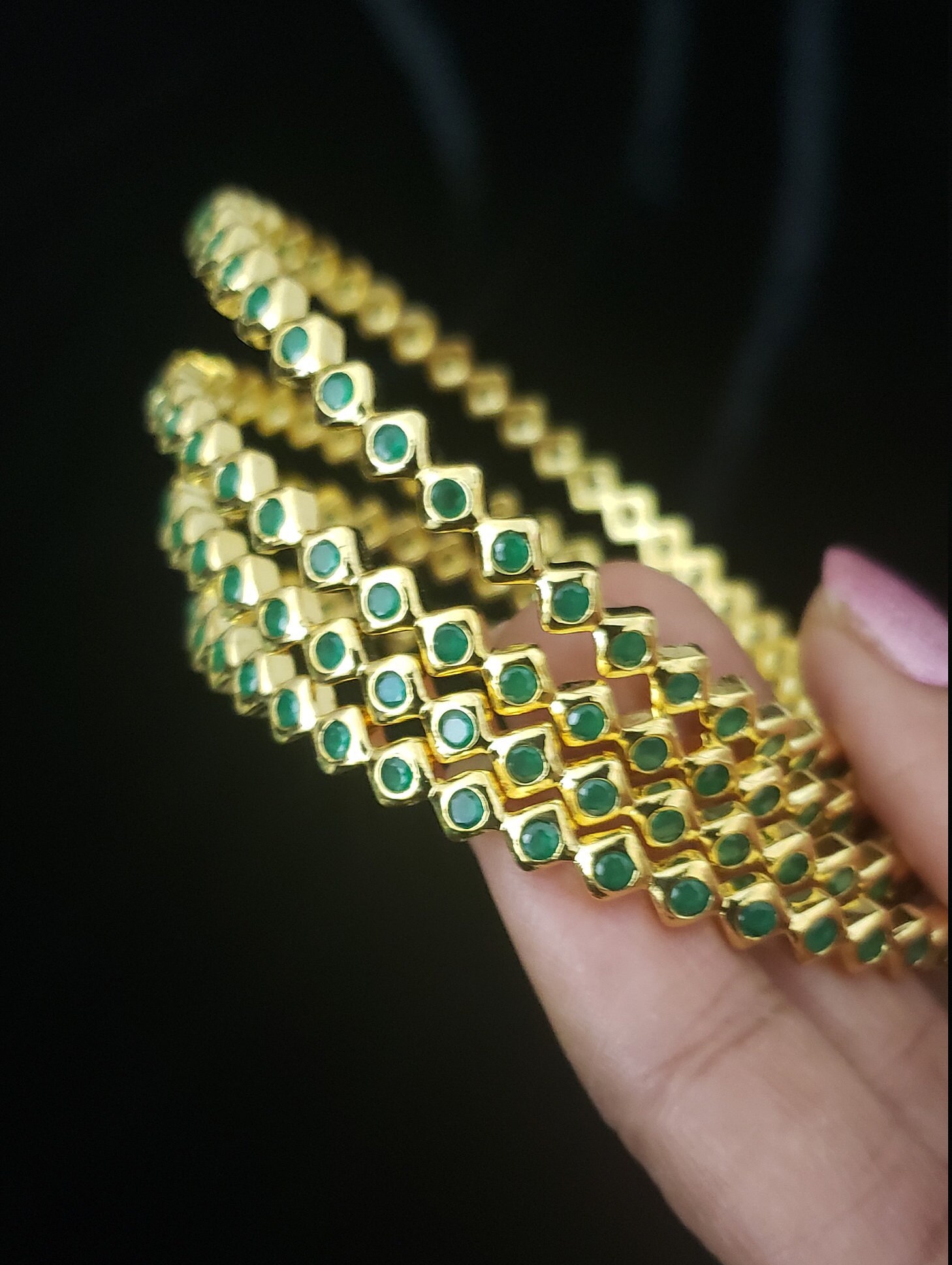 Bangles Set, 4 Bangle Set, 22k Gold Plated, Semi Precious Emerald ...