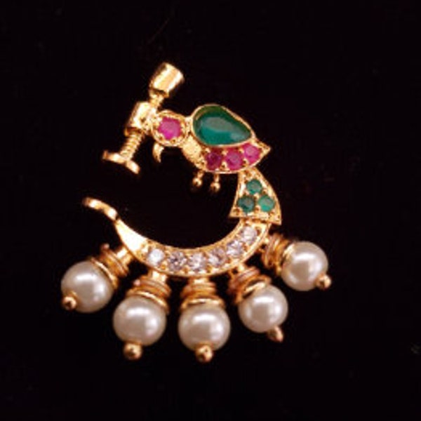 Left Nose Ring, Indian Nath, Pressing Nose Ring, Indian Wedding Jewelry, Ruby ,Pressing pattern CLEARANCE SALE