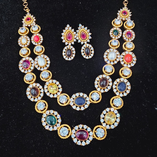 Navaratna Necklace, 9 different stones necklace, 2 layers Necklace set with earrings.