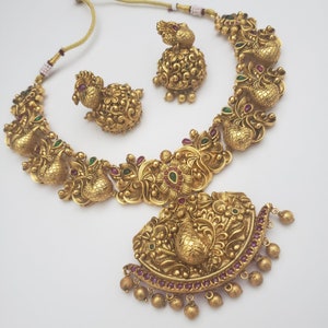 Short Matt finish Necklace, Embossed Pattern, Big earrings, Semi Precious Ruby and Emerald, Brides jewelry, wedding jewelry, One gram gold