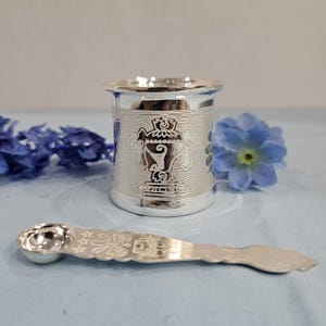 Pure Silver Pancha patra with Spoon, Shanku chakra design, Housewarming silver gift items, silver pooja items, Gangajal Charnamrit Prasad,