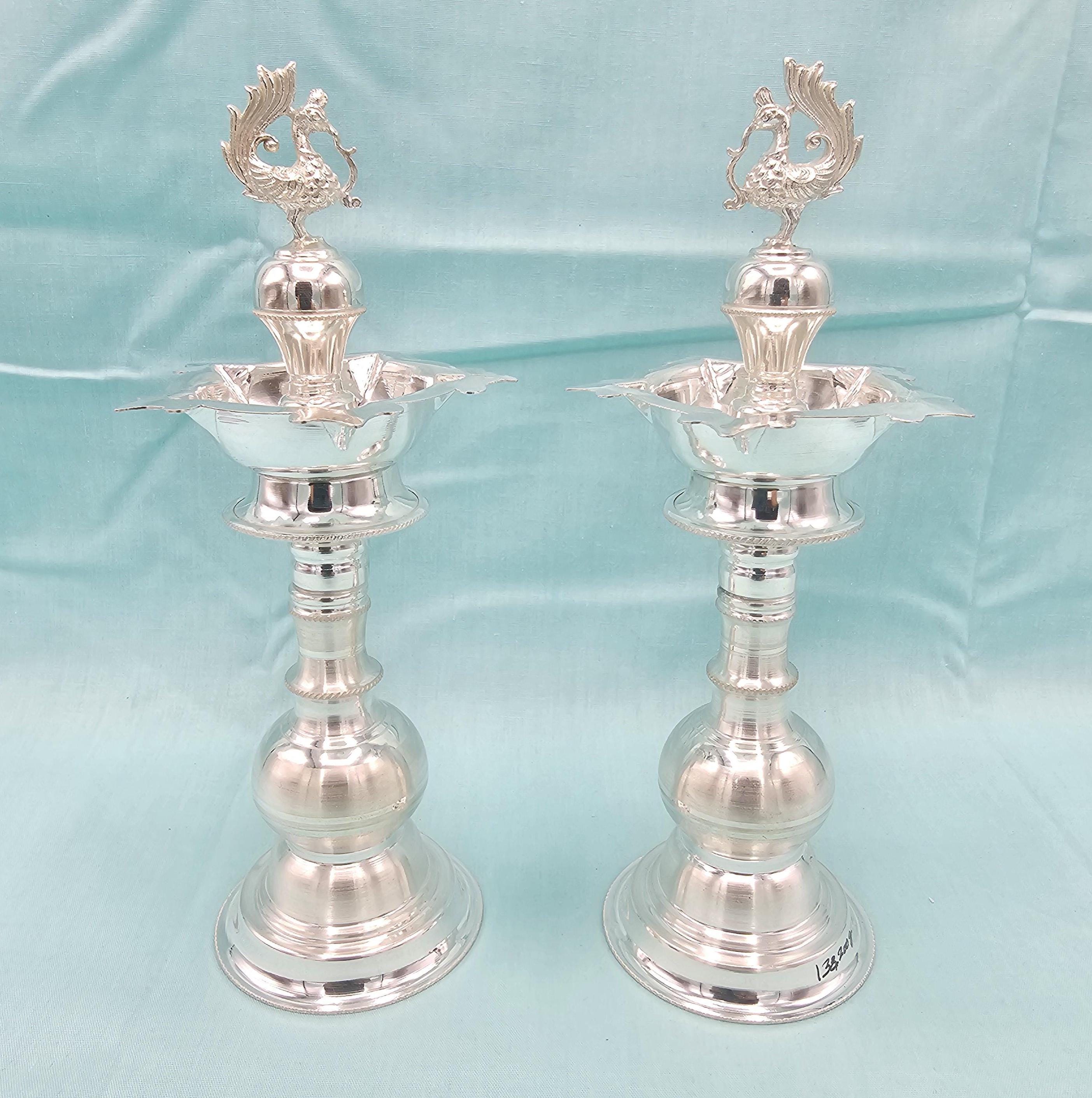 Pure Silver Peacock Deepam Set, Medium Size Silver Lamps