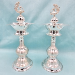Pure Silver peacock deepam set, 7.5&quot; Medium size Silver Lamps, Silver Diya pair, Silver gifts for wedding/ housewarming, saree function.