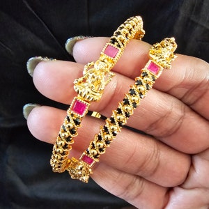 Balck and Pink Lakshmi devi stone bangles, Bangles Set, 2 Bangle set, 22k Gold Plated, Wedding Bangles, Mix n Match bangles