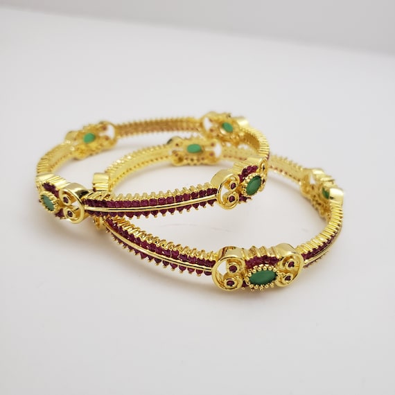 Ruby Bangles Set 22k Gold Plated Semi Precious Ruby and Emerald