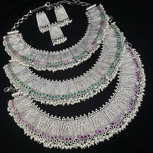 German Silver jewelry, Semi precious Ruby and emeralds,  German Silver Set  with earrings, Indian Traditional Jewelry.