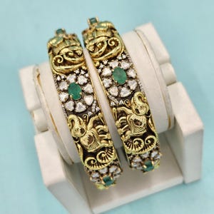 92.5 Silver Victorian Moissanite bangles, elephant Green stones Bangles, white stone bangles, brides Silver bangles , South Indian Jewelry.