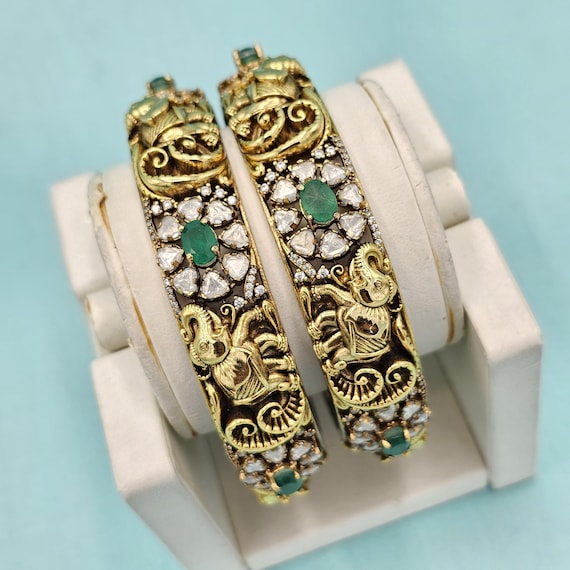 Silver Victorian Moissanite bangles, elephant Green stones Bangles,  white stone bangles, brides Silver bangles South Indian