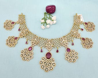 925 Silver CZ necklace,  Silver Pink Ruby Choker, Indian jewelry with 92.5 Hallmark