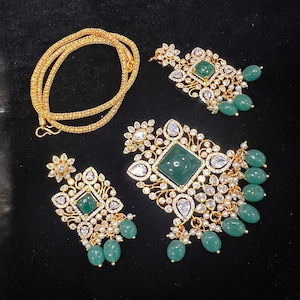 Monzonite Pendant with earrings , Traditional Jewelry, South Indian Jewelry, Semi precious Ruby and emeralds with CZs