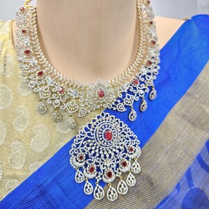 925 Silver diamond replica necklace, CZs and ruby silver jewelry, Indian wedding jewelry with 92.5 Hallmark