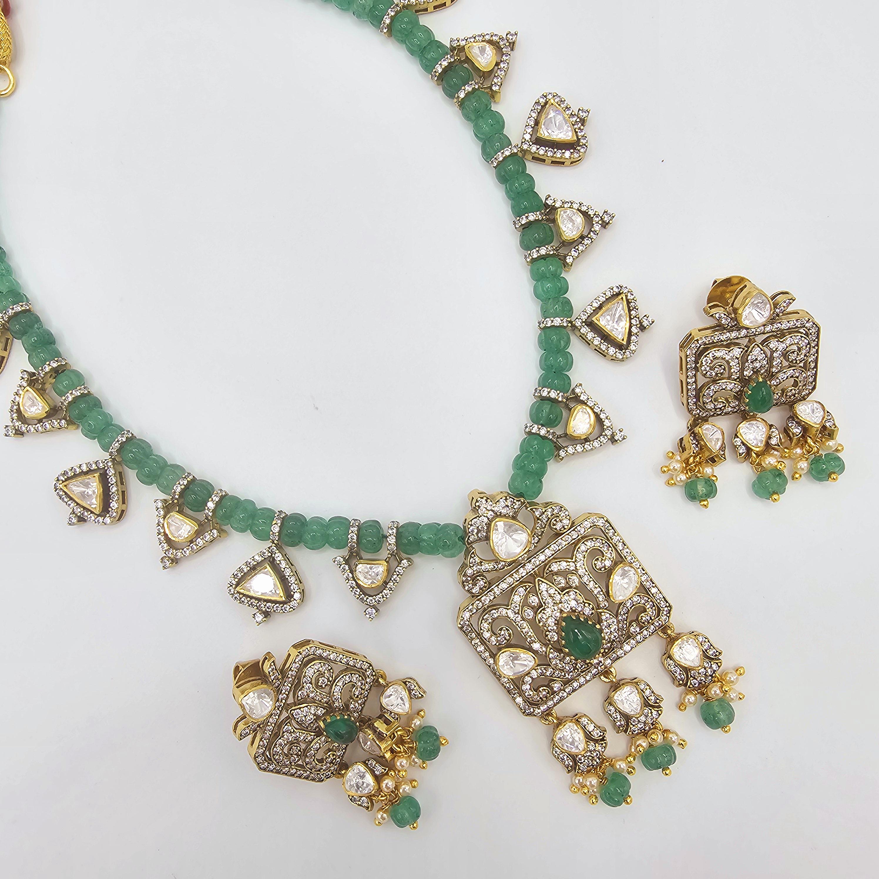 925 Silver Necklace Set, Victorian Pattern Green Pumpkin Beads