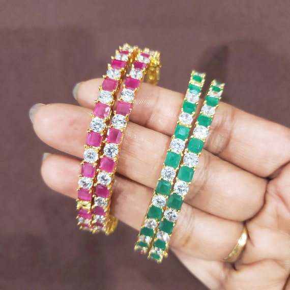 Green and CZ Bangles Set 2 Bangle Set 22k Gold Plated Wedding