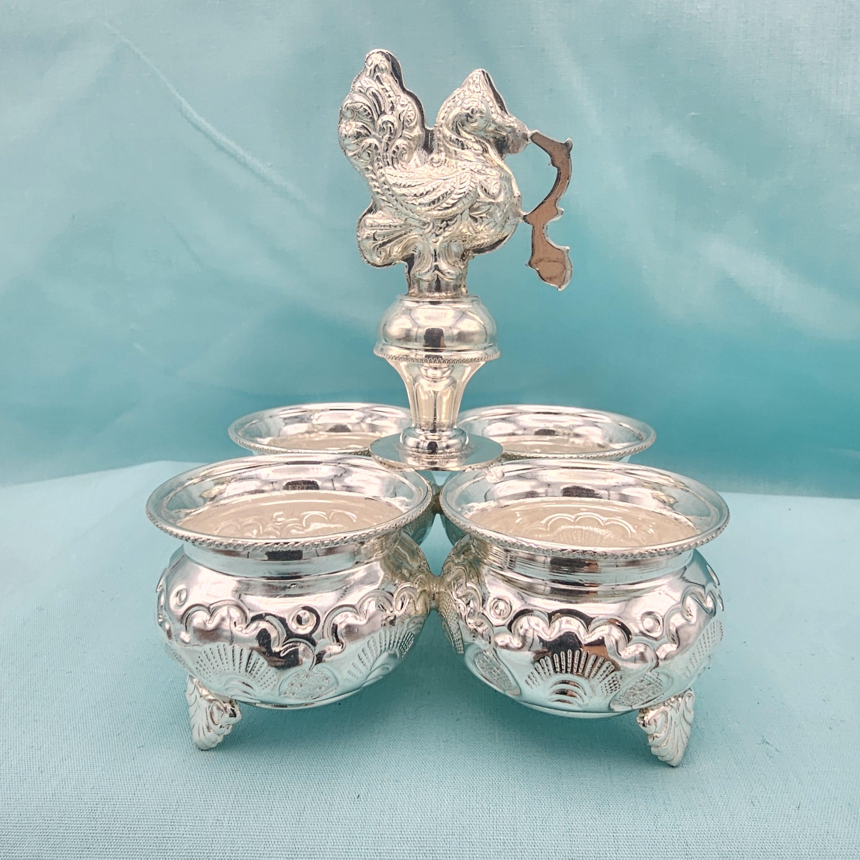Silver 4 Cups Pasupu and Kumkum Box, Self Design Sindoor and Haldi