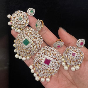 CZs pendant set, High quality AD stones, Indian pendant set with Chain