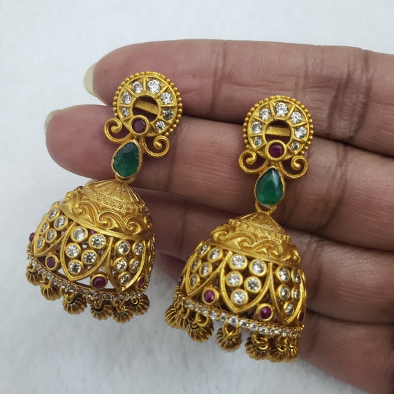 Temple Jewellery - 22K Gold 'Lakshmi' Jhumkas (Buttalu) - Gold Dangle  Earrings with Color Stones & Pearls - 235-GJH2165 in 16.400 Grams