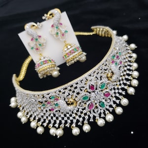 Silver and gold base American Diamond Choker necklace with match jumka.