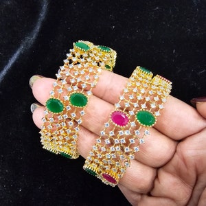 2 set- Multi color Indian Bangles Set, 22k Gold Plated semi precious ruby , emeralds with CZ combination