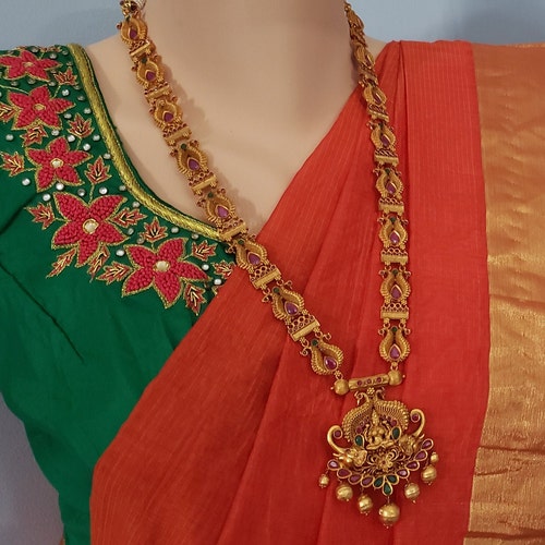 Long Temple Jewelry, Indian Jewelry, Semi precious Ruby and Emeralds, Brides Jewelry, Wedding Jewelry, One shops gram gold,ethnic