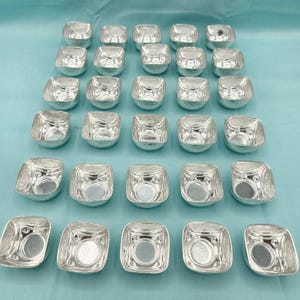 Silver prasadam bowls, small size square Kumkum/ Haldi/akshantalu bowl, Silver return gift bowls, Puja room decor, temple accessories.