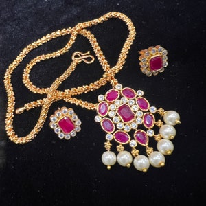 Simple Pendant with stud earrings, Traditional Jewelry, South Indian Jewelry, Semi precious Ruby and CZ
