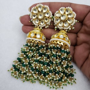 Green Kundan Hangings, Polki Kundan, Indian Jewelry, Indian Earrings.