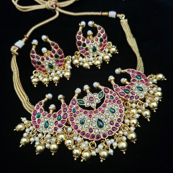 Bridal CZ Necklace, Gold color base Cubic Zircon Necklace with semiprecious Pota stones combination,