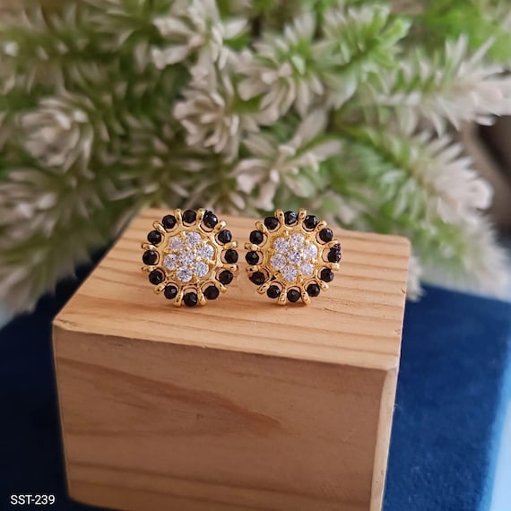 Pure 92.5 Silver Black Beads Studs Mangalsutra Matching Studs 22k Gold Covering With Cz Stones Black Beads Necklace. Etsy Canada