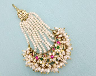 92.5 Silver Jadau passa, Freshwater pearl passa with 92.5 Hallmark, Kundan pearl Silver passa hair jewelry, Mughal jewelry. Ships from USA