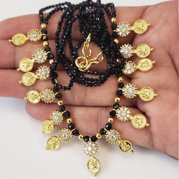 Short Lakshmi Devi black beads with CZ , Gold filled mangalsutra.