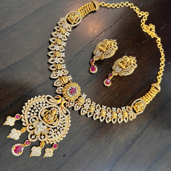 CZ Temple Designnecklace Set, Indian Brides Necklace, Bollywood