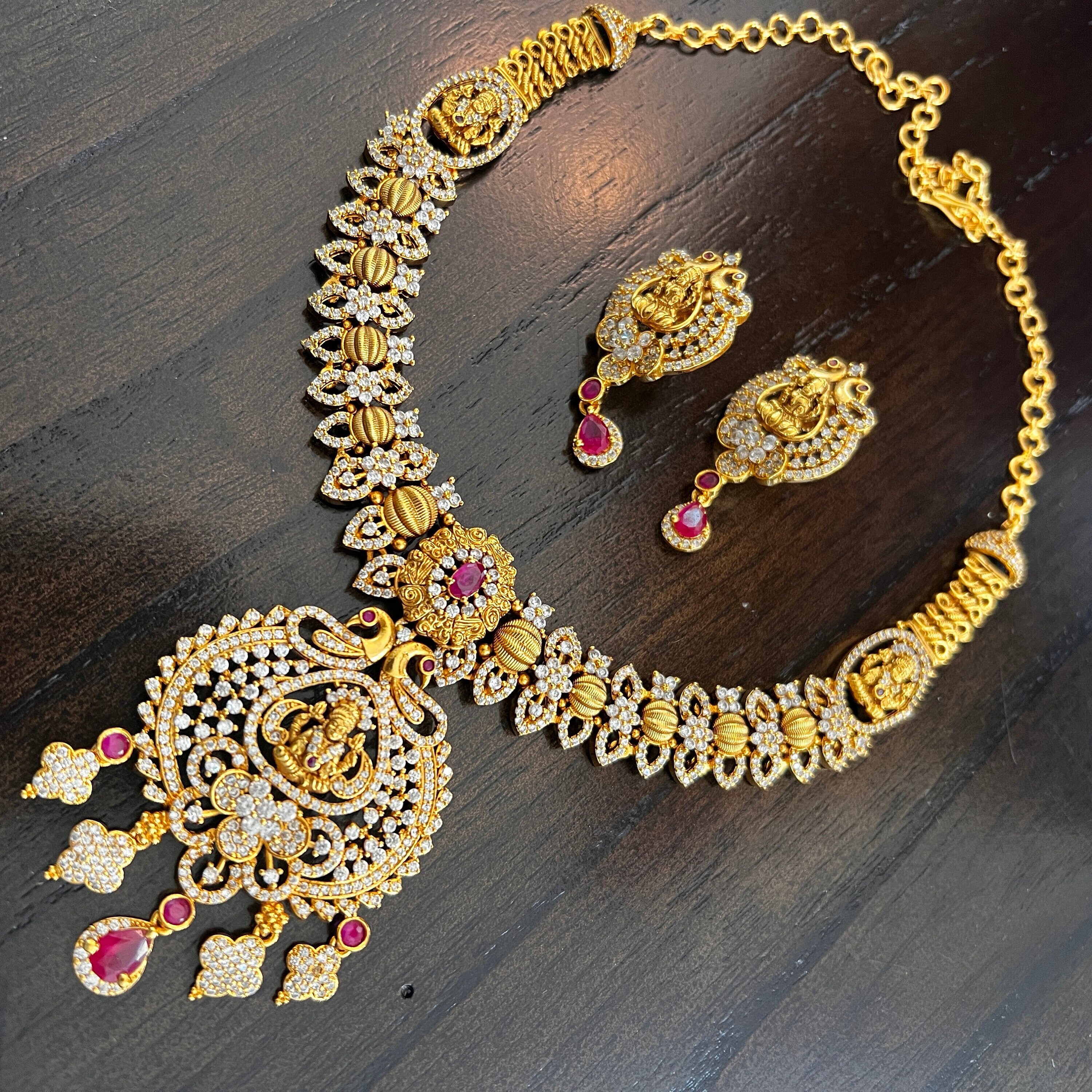 CZ Temple Designnecklace Set, Indian Brides Necklace, Bollywood