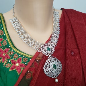 CZ Necklace, Indian Jewelry, Emerald fashion Jewelry, Semi Precious Emerald, Brides jewelry, One gram gold, pearl