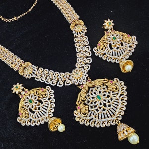 Long haram white stone necklace, Premium quality Traditional Nakshi work with CZs combination Indian necklace,