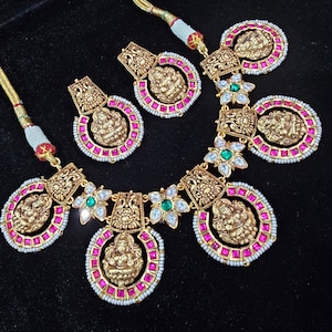 Nakshi Kundan temple Necklace ,Gold covering necklace, South Indian style, Semi precious  pearls with kundan combination.