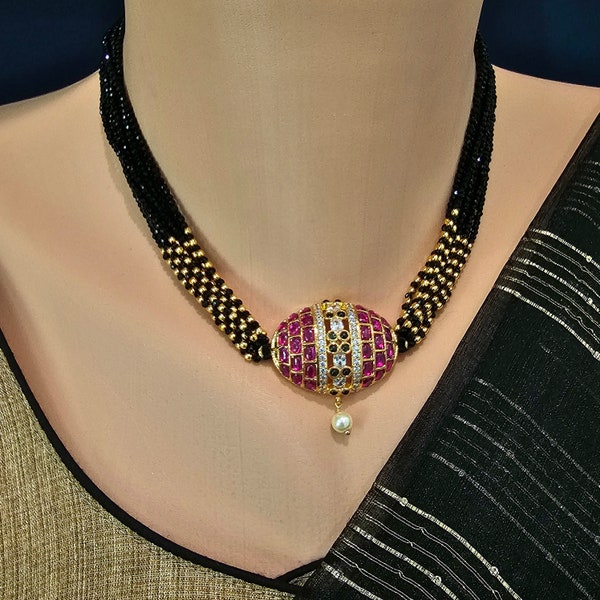 Choker pattern Black Beads necklace, Indian Mangalsutra, Ruby,CZ Pendant Mangalsutra, Wedding Jewelry, Black Beads Necklace, Nallapoosalu